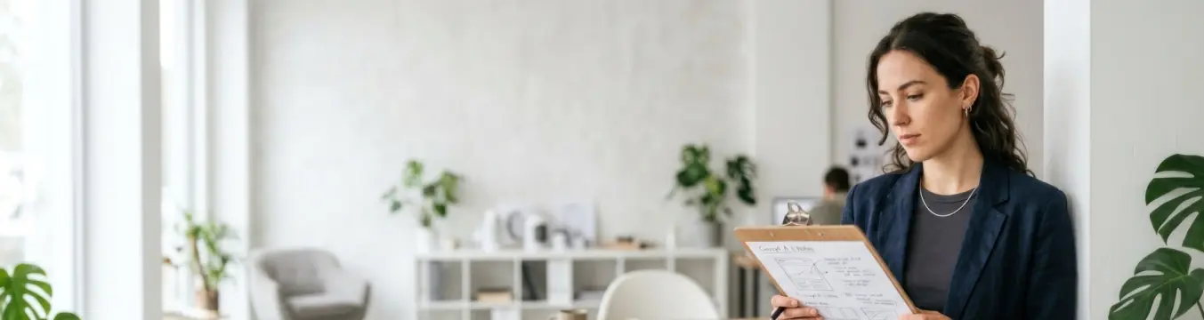 Mujer revisando un documento en una tabla de apoyo dentro de una oficina luminosa
